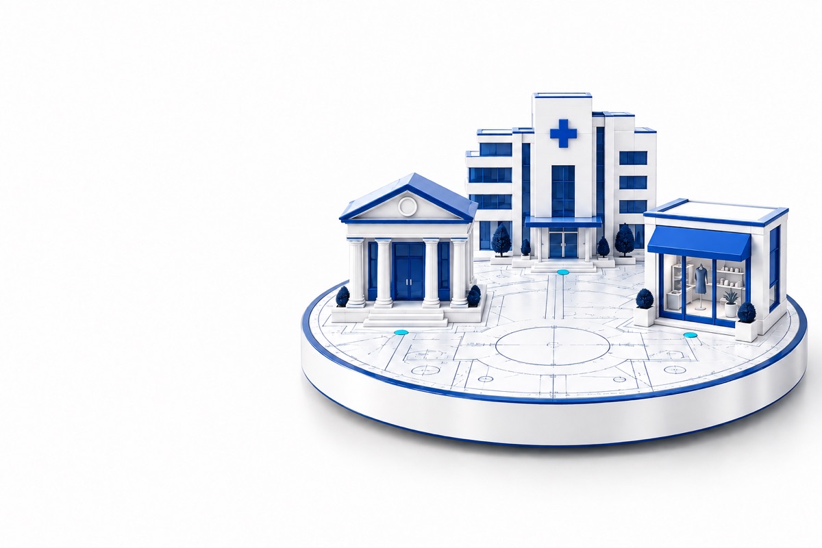 Architectural miniatures representing banking, healthcare, and retail expertise.