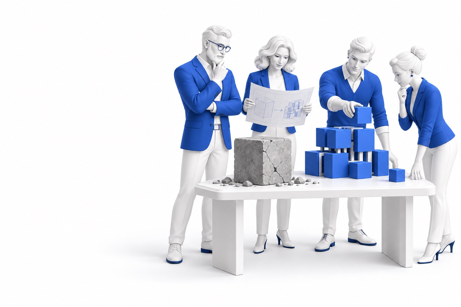 Stylized professionals collaborating around a blueprint and a legacy-to-modern application model.