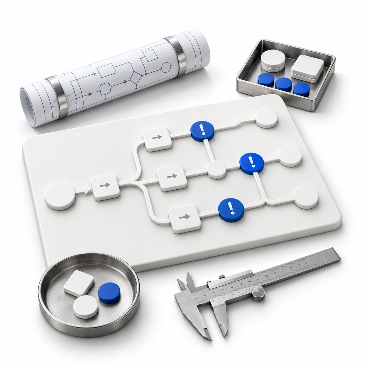 A process map with exception markers and a measuring caliper.
